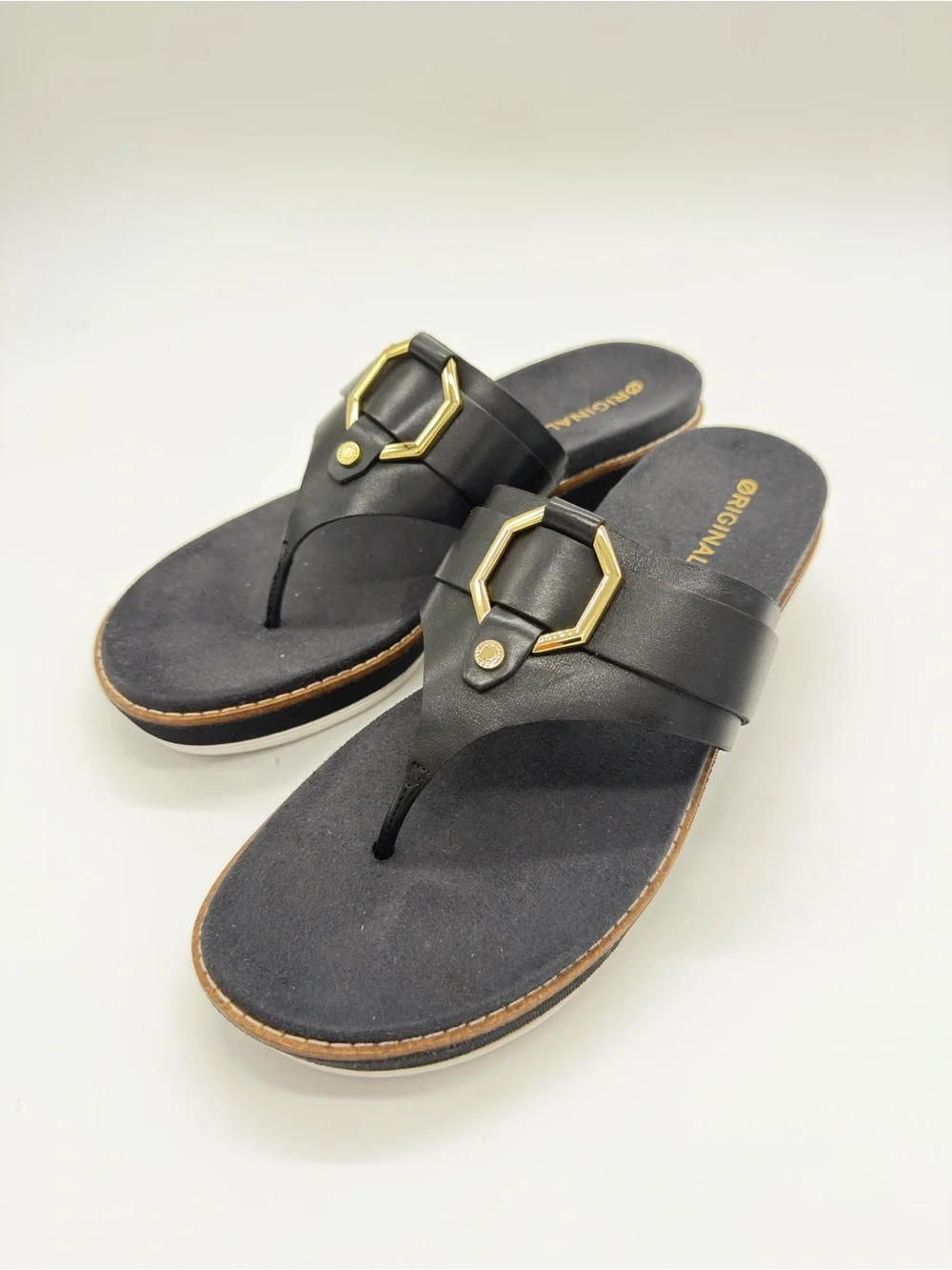 Cole Haan Black Leather Thong Sandals with Gold Hexagon Hardware
